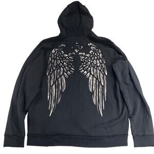 Affliction Full Zip Gothic Hoodie Sweatshirt Black Silver Angel Wings Size 2XL